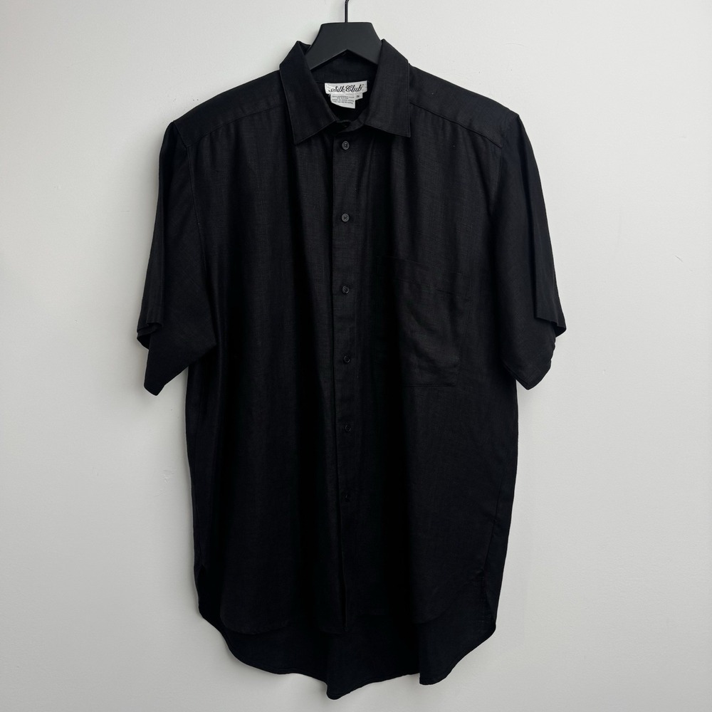 VTG Silk Club Shirt Mens S Black 100% Linen Shoulder Pads Vacation Button Up